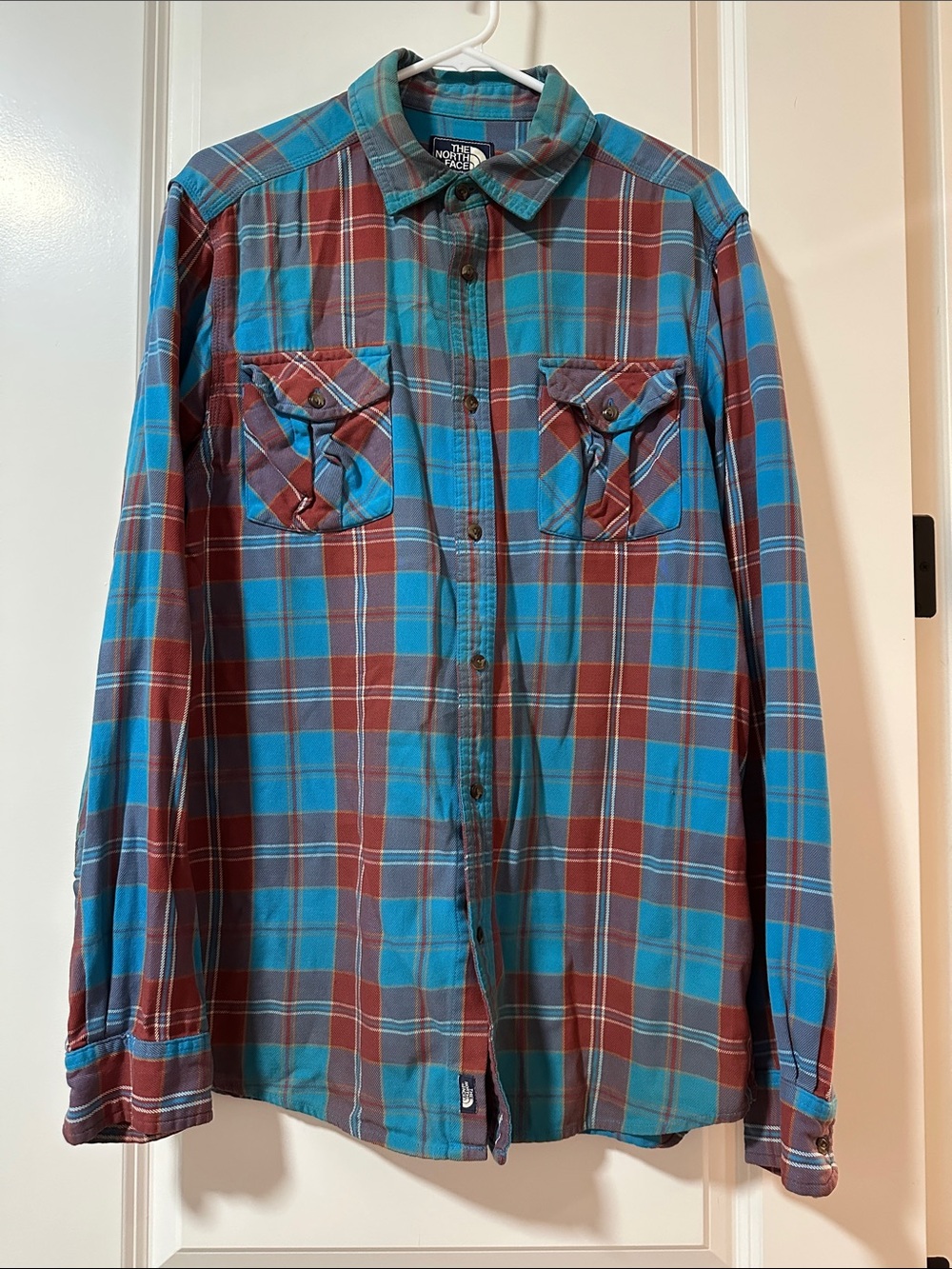 The North Face Men's Teal and Maroon Plaid Button-Down Shirt